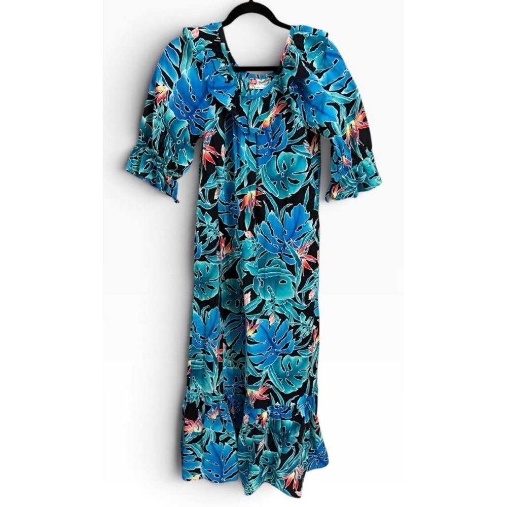 Vintage Hilo Hattie Hawaiian Maxi Sundress Floral Tropical Puff Sleeve Ruffle